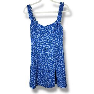 Priceless NWT Royal Blue Floral Vintage Style Ruffle Thigh Slit Mini Dress Small
